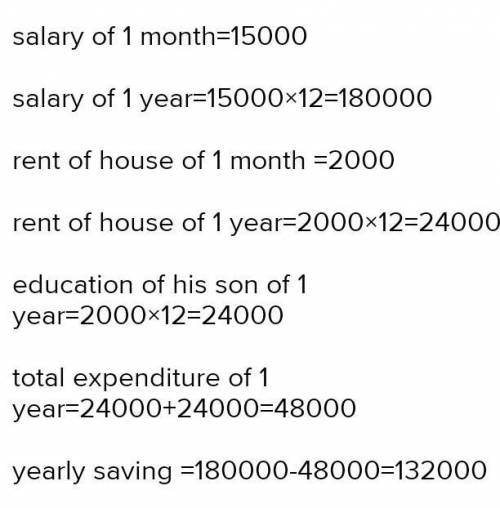A man on rupees 15000 in a month. he spends rupees 3000 on food rupees 4000 on rent rupees 2000 on i