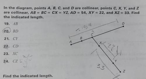 In the diagram, points A, B, C, and D are collinear, points C, X, Y, and Z are collinear, AB = BC =