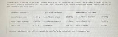 Please help!

The unknown liquid is poured into the beaker containing the white solid and after th