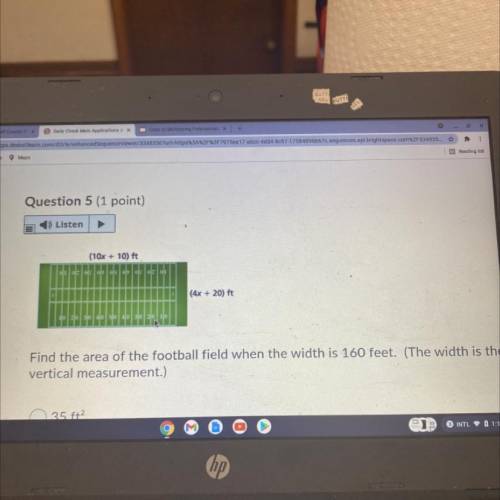 Find the area of the football field when the width is 160 feet