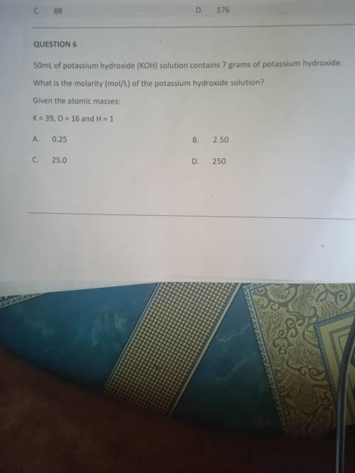 50mL of potassium hydroxide solution contains 7 grams of potassium hydroxide.

What is the molarit