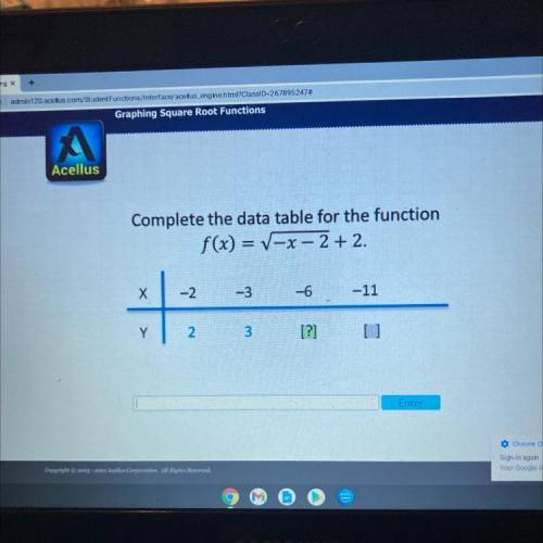 Acellus

Complete the data table for the function
f(x) = -x-2 + 2.
Х
-2
-3
-6
-11
Y
[?]
Enter