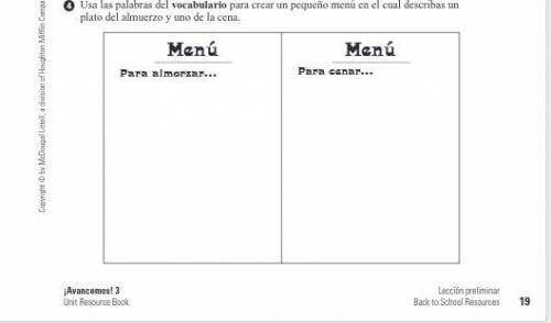 Usa las palabras del vocabulario para crear un pequeño menú en el cual describas un plato del almue