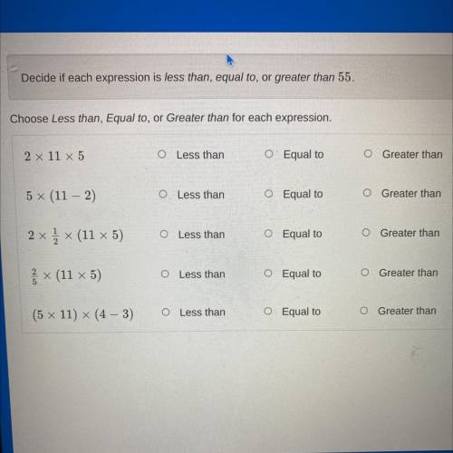 Choose Less than, Equal to, or Greater than for each expression.

2 x 11 x 5
O Less than
O Equal t