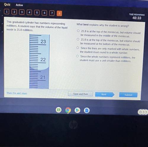 This graduated cylinder has numbers representing milliliters. A student says that the volume of the