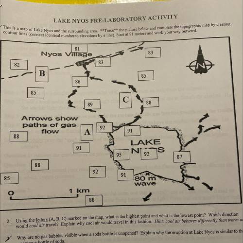 Using the letters (A, B, C) marked on the map, what is the highest point and what is the lowest poi