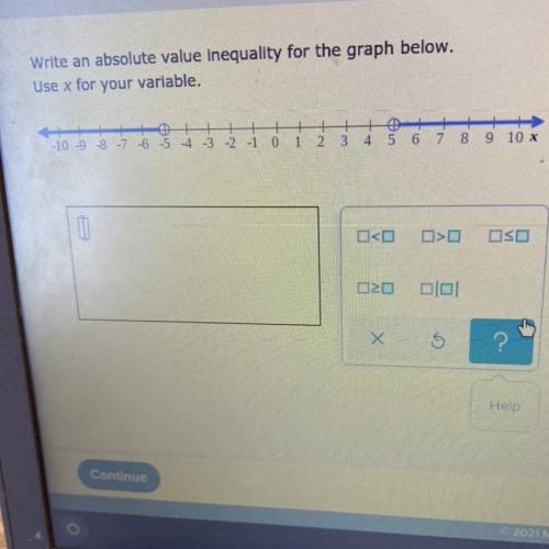 Write an absolute value inequality for the graph below.

Use x for your variable.
-10-9-8
-7 -6 -5