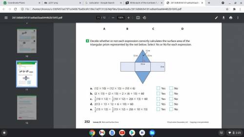 Decide whether or not each expression correctly calculates the surface area of the triangular prism