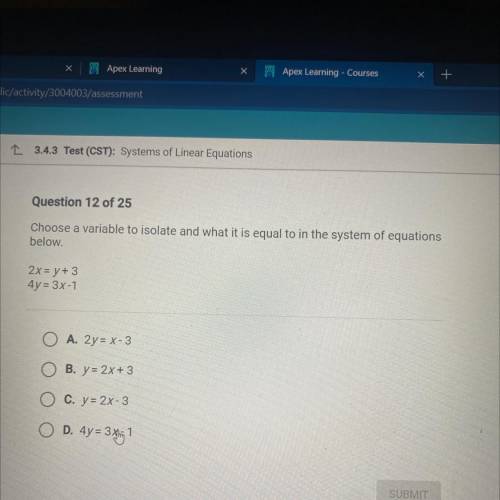 Choose a variable to isolate and what it is equal to in the system of equations below