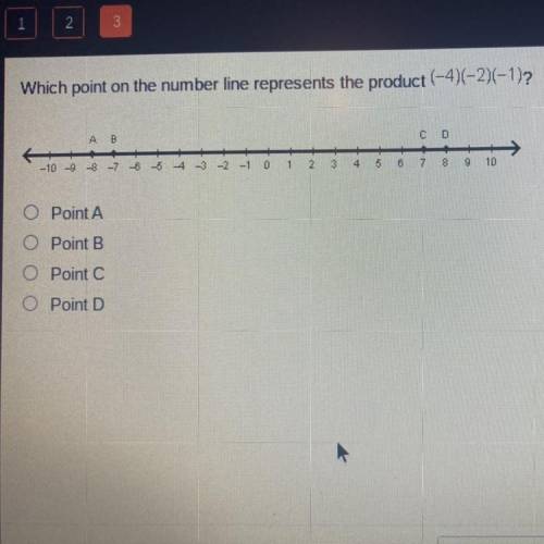 Which point on the number line represents the product (-4)-2)(-1)?

AB
0
D
-10 -93 -7 -6 -5
4 -3 -