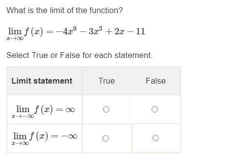 PLEASE HELP What is the limit of the function?
limx→∞f(x)=−4x9−3x3+2x−11
