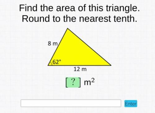 Find the area of this triangle. Round to the nearest tenth. 8m, 62°, 12m.