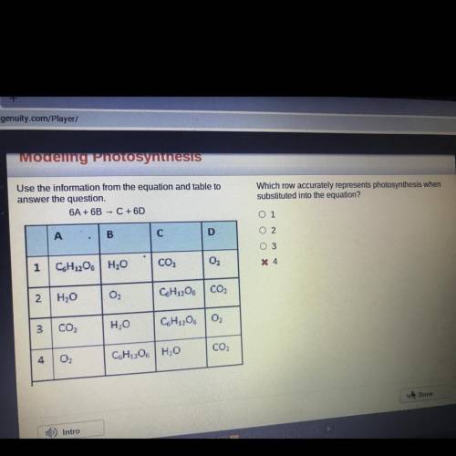 To

Which row accurately represents photosynthesis when
substituted into the equation?
0 1
02
03
2