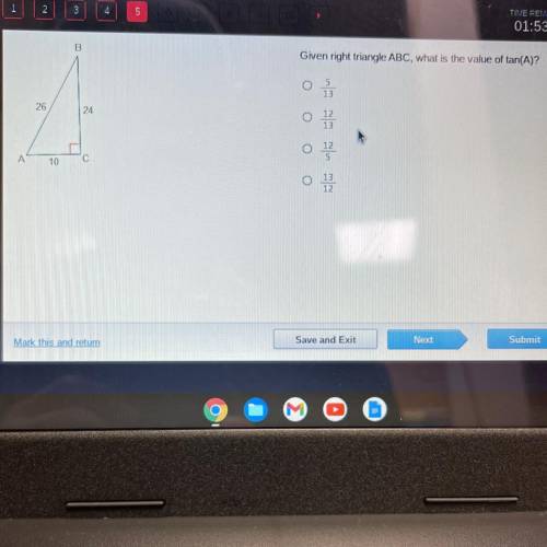 B

Given right triangle ABC, what is the value of tan(A)?
05
13
26
24
o 12
13
O
12
A
10
С
13
12