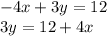 - 4x + 3y = 12 \\ 3y = 12 + 4x