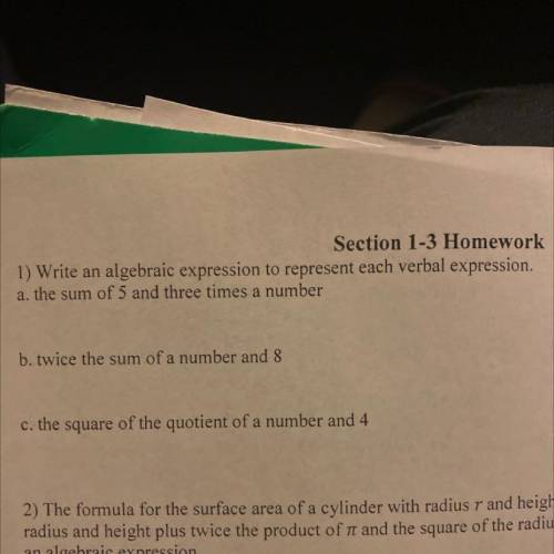 Write an algebraic expression to represent each verbal expression.

the sum of 5 and three times a