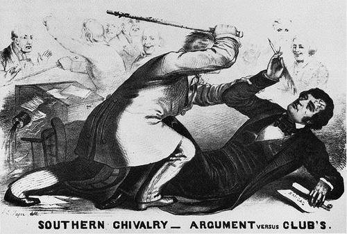 Can legislative compromises solve moral issues? Political Cartoon, Southern Chivalry, 1856. This