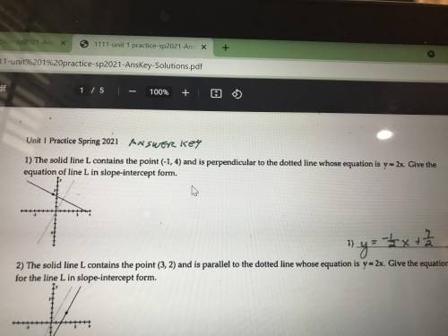 The solid line L contains the point (-1,4) and is perpendicular to the dotted line whose equation i