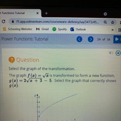 The graph f(x) = is transformed to form a new function,

g(x) = 2/2 + 3 – 5. Select the graph that