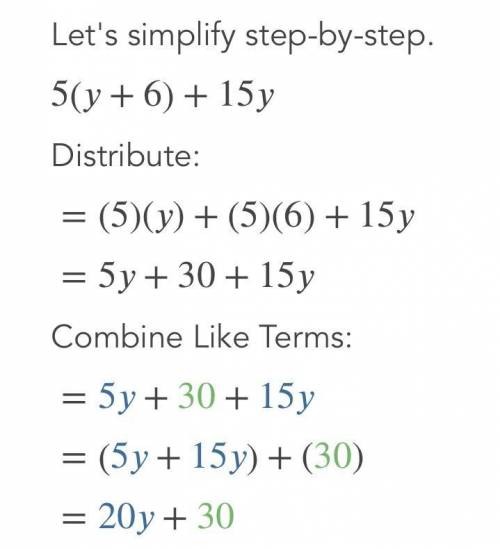 Simplify 5(y + 6) + 15y​
