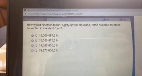 How would nineteen billion,eighty-seven thousand, three hundred fourteen be written in standard for