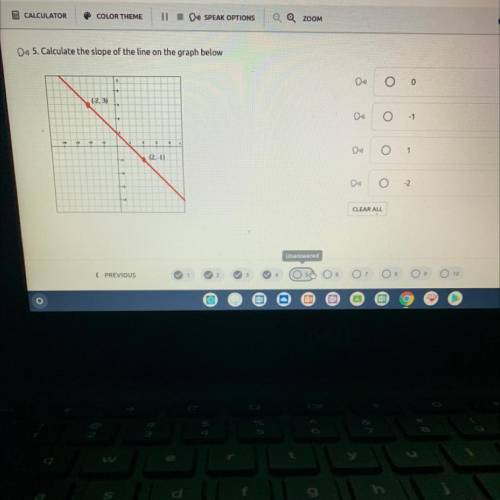 5. Calculate the slope of the line on the graph below

Du
оо
(-2,3)
3
Do
0 -1
-
O 1
(2.1)
-2
CLEAR