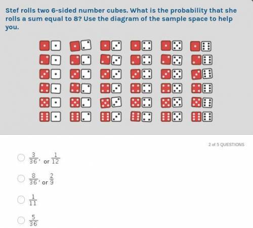 Stef rolls two 6-sided number cubes. What is the probability that she rolls a sum equal to 8? Use t