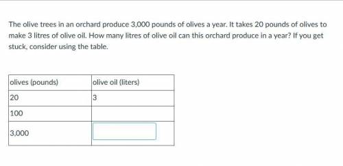 The olive trees in an orchard produce 3,000 pounds of olives a year. It takes 20 pounds of olives t