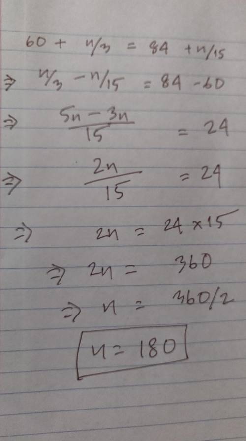 What is the value of n in the equation 60+n\3=84+n/15