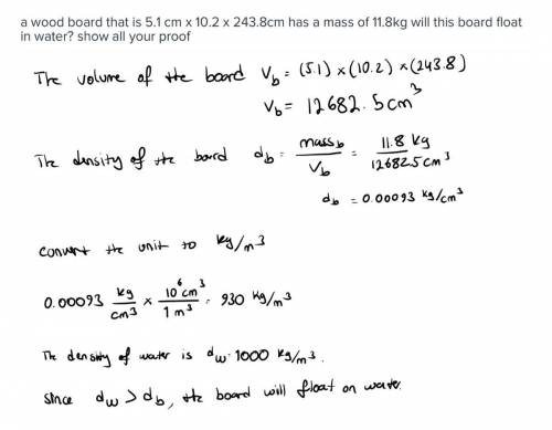 a wood board that is 5.1 cm x 10.2 x 243.8cm has a mass of 11.8kg will this board float in water? sh