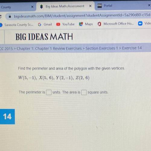 Find the perimeter and area of the polygon with the given vertices.