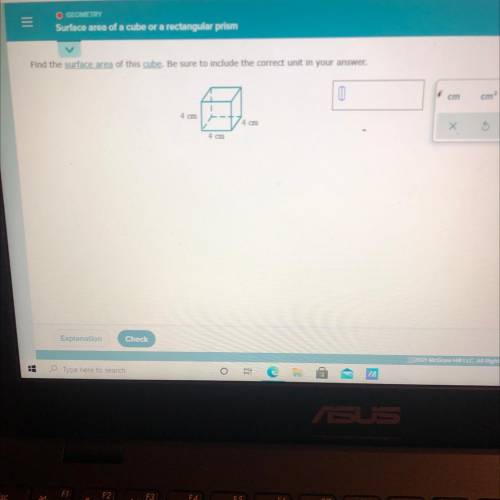 Find the surface area of this cube. Be sure to include the correct unit in your answer