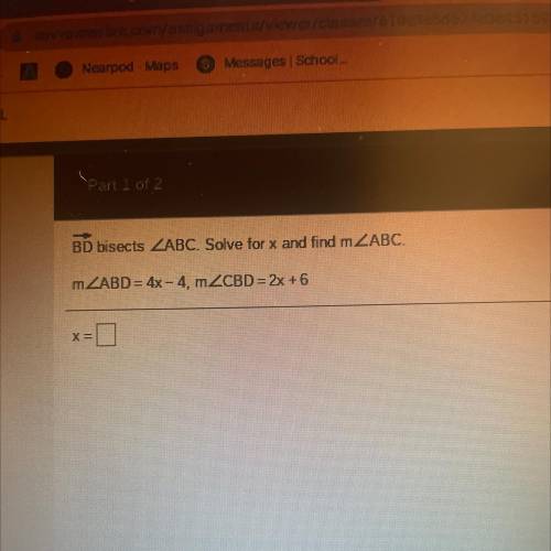 Part 1 of 2
BD bisects ZABC. Solve forn and find m2ABC.
mZABD=43-4,mZCBD=0.+6
=