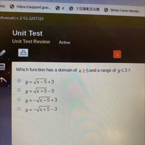 Which function has a domain of x>5 and a range of y<3?

g = kx-543
y = x+5 -3
y=-x-513
g=-x+