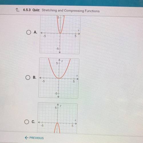 Suppose f(x) = x2. What is the graph of g(x)= 1/2f(x)?

15
O
A.
-5
5
-5
OB. +
G+
-5