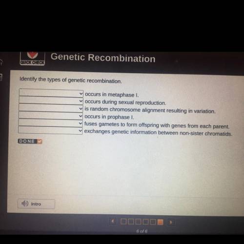 I help asap plz plz

Identify the types of genetic recombination.
occurs in metaphase l.
occurs du