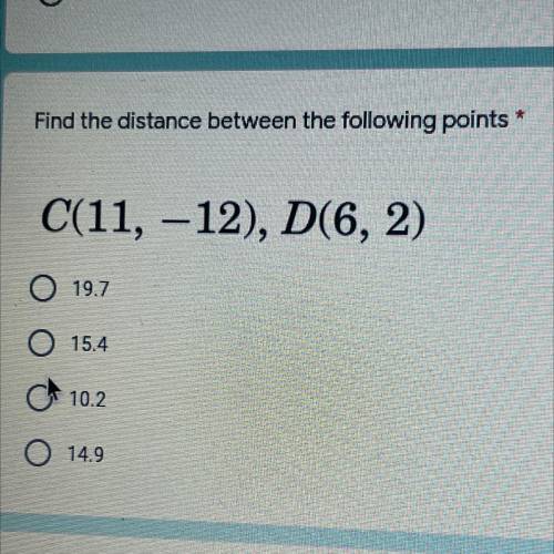 Find the distance between the following points
C(11, -12), D(6, 2)