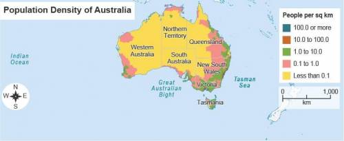 The map shows the population distribution in Australia.

Which territory in Australia is most dens