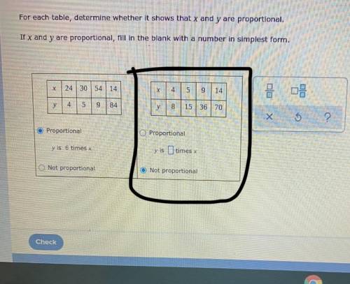 For each table, determine whether it shows that x and y are proportional.

If x and y are proporti