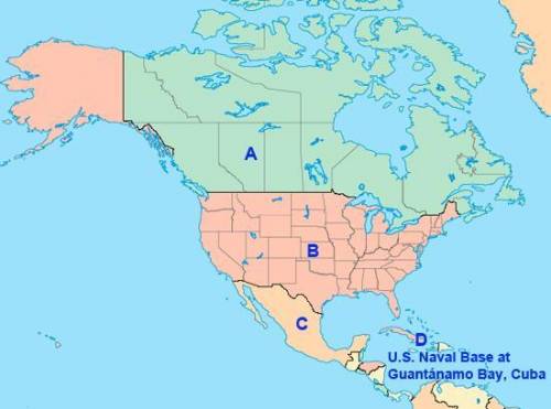 Map of North America with four spots labeled—A is a point anywhere in Canada, B is in the middle of