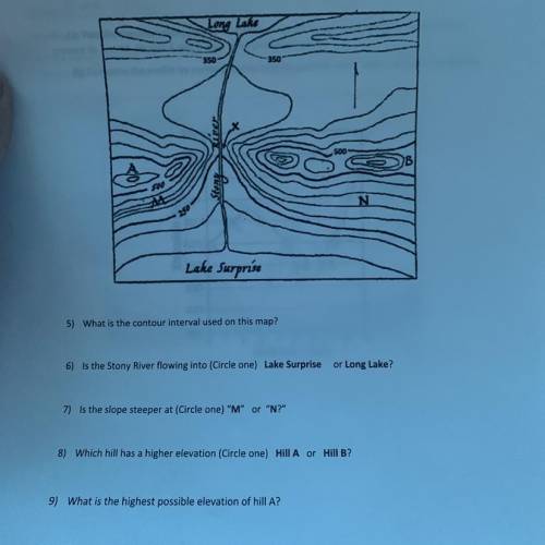 5) What is the contour interval used on this map?

7) is the slop steeper at “M” or “N”? 
8) Which