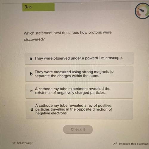 Which statement best describes how protons were

discovered?
a They were observed under a powerful