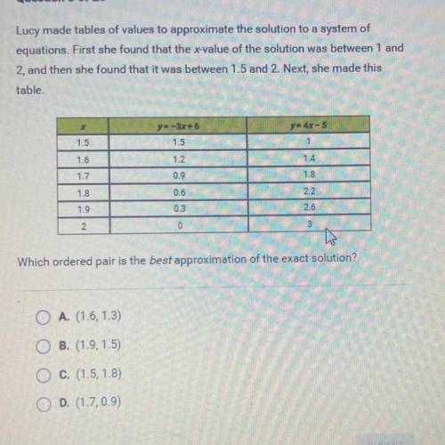 Lucy made tables of values to approximate the solution to a system of

equations. First she found