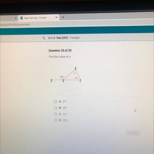 Find the value of x.

105
87
A
C
A. 670
B. 380
Ins
C. 23°
ОО
D. 339