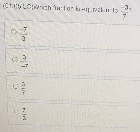 Which fraction is equivalent to -3/7A: -7/3B:3/-7C:3/7D:7/3​