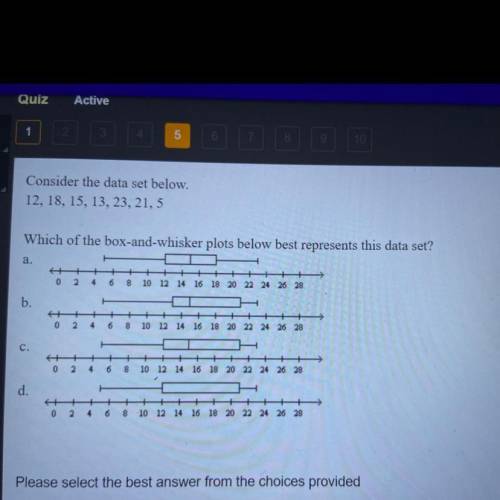 Consider the data set below.

12, 18, 15, 13, 23, 21, 5
Which of the box-and-whisker plots below b