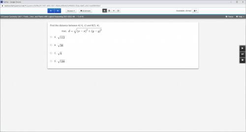 Find the distance between A(-6, 1) and B(5, 4).

Hint: 
d
=
√
(
x
−
x
)
2
+
(
y
−
y
)
2