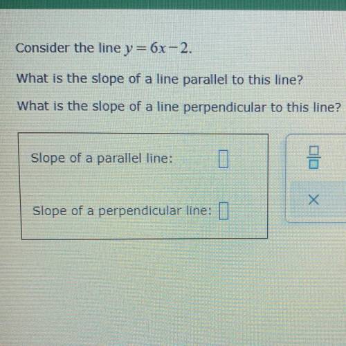 Consider the line y = 6x-2.

What is the slope of a line parallel to this line?
What is the slope