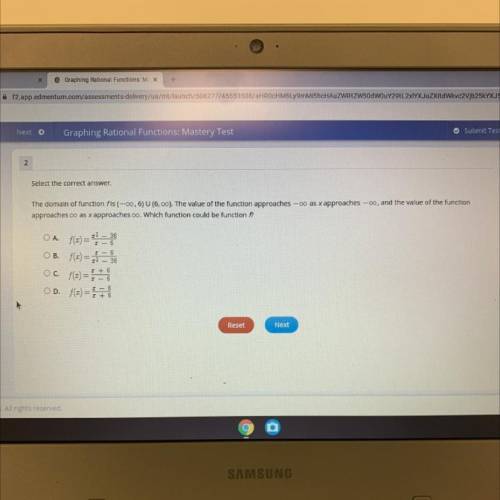 The domain of function fis(-0,6) U (6,0). The value of the function approaches -o as x approaches -