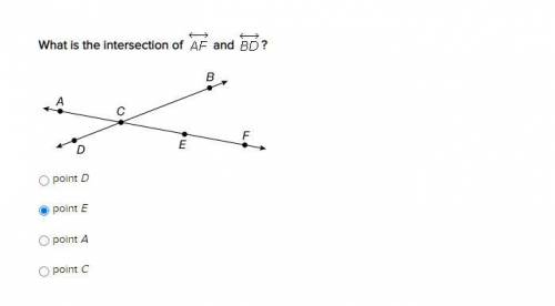 What is the intersection of A F and BD?

IMAGE DOWN BELOW
point D
point E
point A
point C